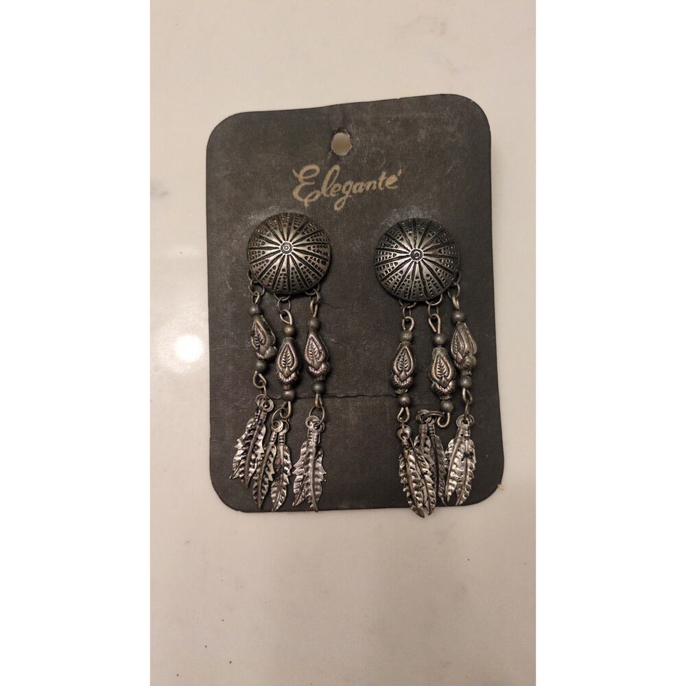 Vintage Southwestern Silver Tone Feather Dangle Earrings Concho Tassel Clip On